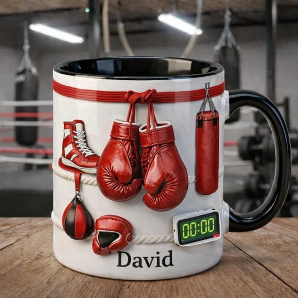 Personalized Boxing Coffee Mug with Name, Boxing Gloves & Gym Gear Ceramic Mug, Fighter Training Cup, Gift for Boxer or Coach