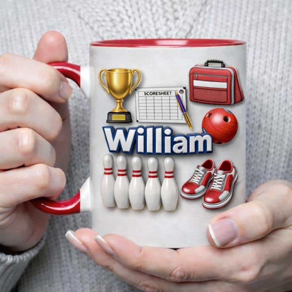 Personalized Bowling Mug with Name, Custom Bowling Ball & Pins Coffee Cup, Bowler Gift for Men, Bowling Team Trophy Mug