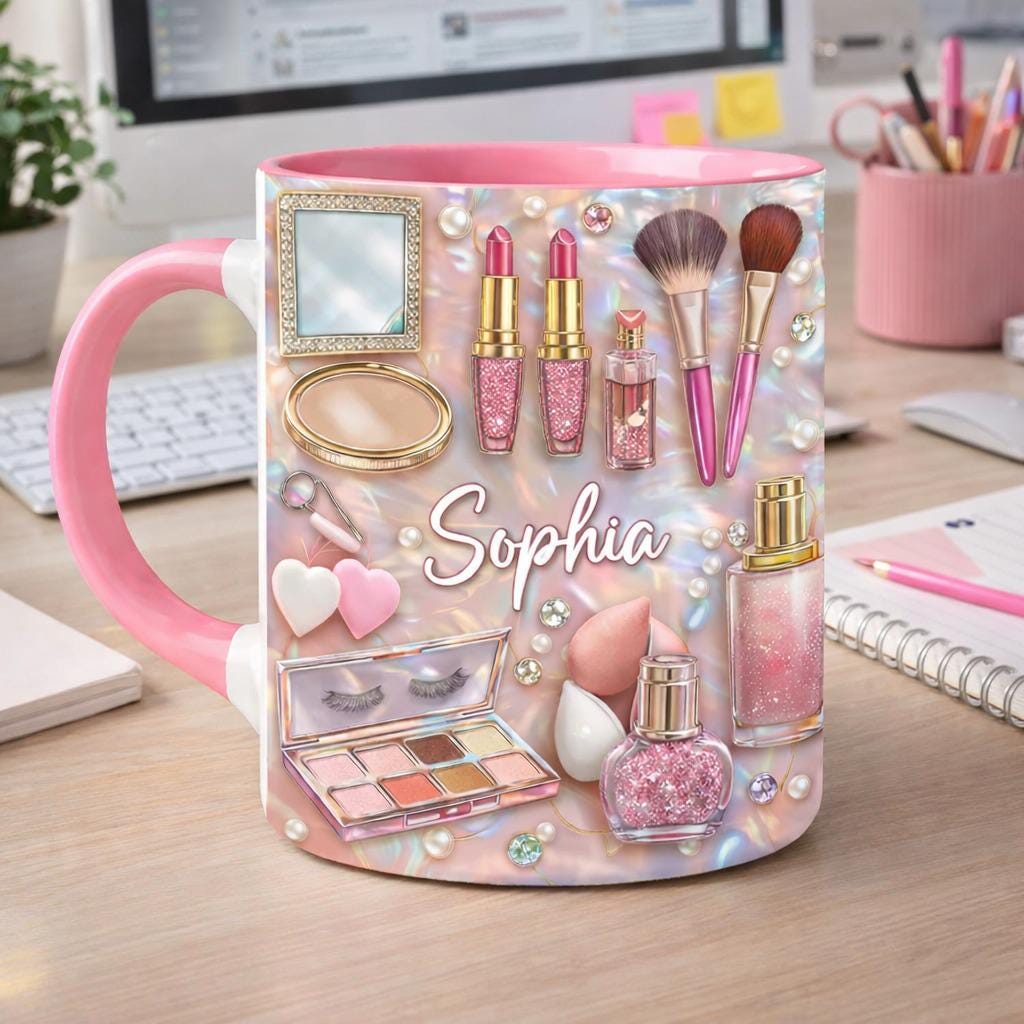 Personalized Makeup Mug, Custom Name Beauty Coffee Mug, Girly Pink Cosmetic Mug, Makeup Lover Gift, Birthday Gift for Her