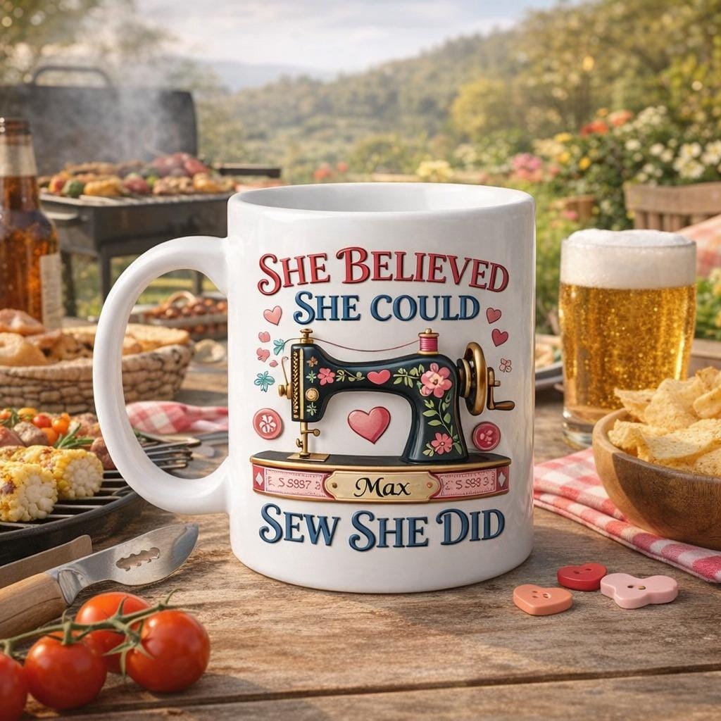 Personalized Sewing Mug with Name, She Believed She Could Sew She Did Mug, Sewing Machine Coffee Cup, Gift for Sewist