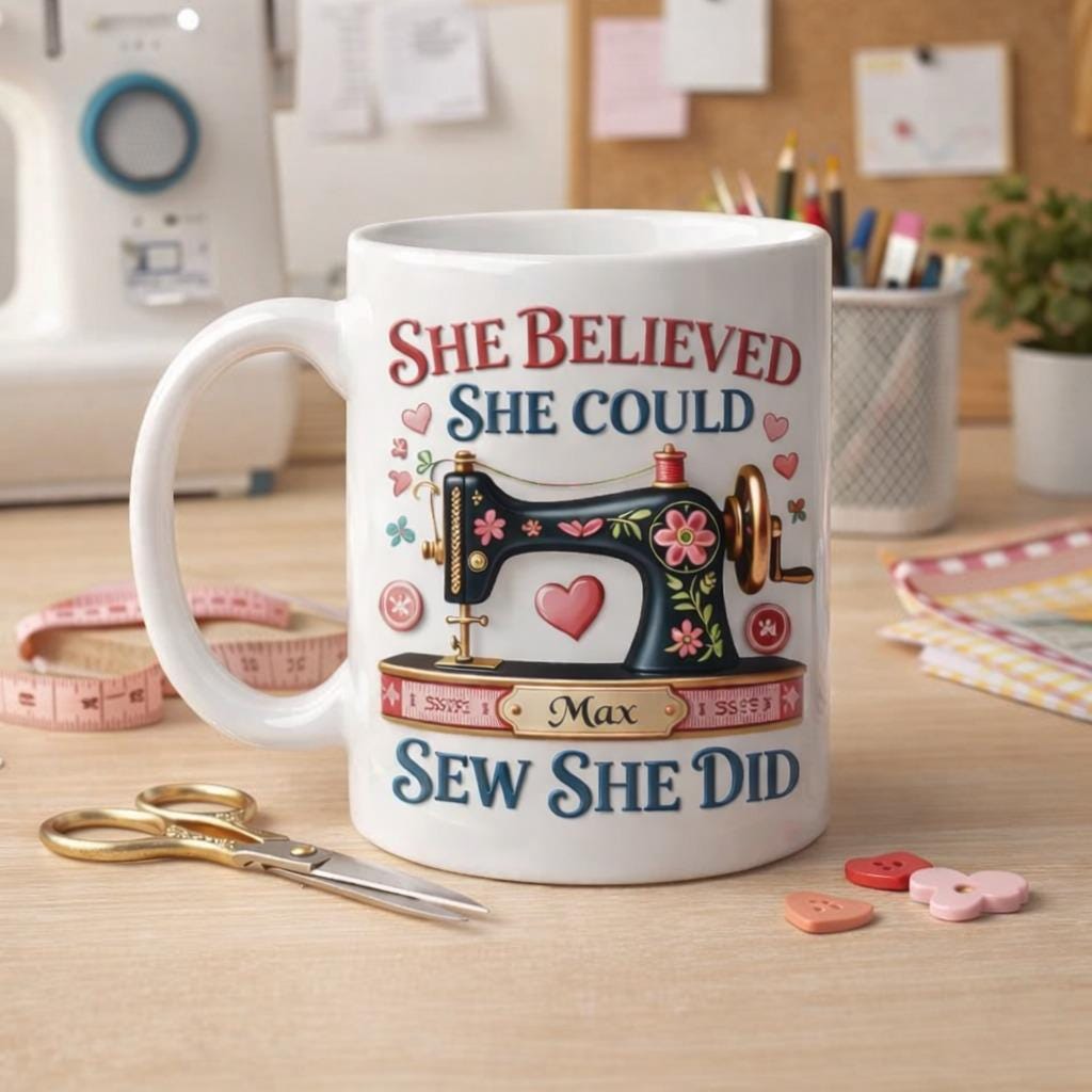 Personalized Sewing Mug with Name, She Believed She Could Sew She Did Mug, Sewing Machine Coffee Cup, Gift for Sewist